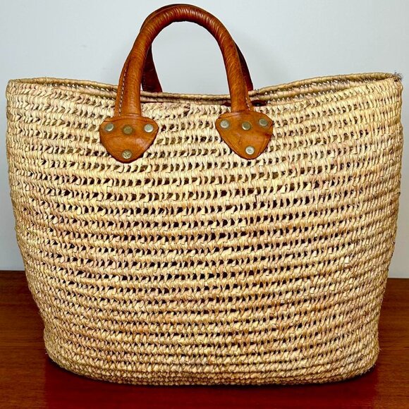 Vintage Leather Handled Handwoven Moroccan Basket Tote